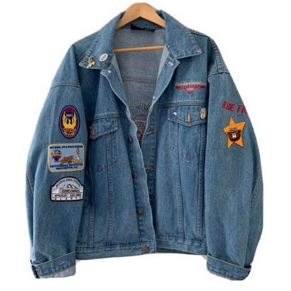 Harley Davidson Oversized Trucker Jacket With Patches Boho Chic Coastal Cowgirl - Picture 2 of 6